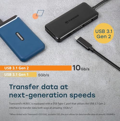Transcend HUB 6 in 1 Hub, Type C, with 60W Power Delivery, 10Gbps USB C and 2 Type-A Ports, Micro SD and SD UHS-II Card Reader, for MacBook Pro, Labtop - TS-HUB5C - style: Type-C (6-in-1 HUB, with 60W PD)