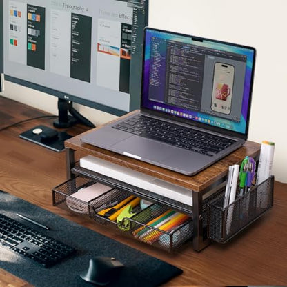Monitor Riser with Drawers and Pen Holders | Wood & Mesh Metal Computer Monitor Stand with Storage for Desk, Rustic Brown