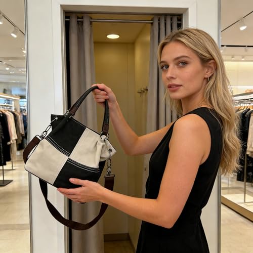 Women's Canvas Color Block Tote Bag Convertible Crossbody Hobo Handbag Lightweight Shoulder Bag for Daily Travel Work - color: Black