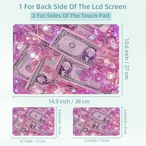Universal Laptop Skin Decal, 3-Piece Vinyl Protector for 12 13 14 15.6" Notebook, Waterproof Anti-Scratch, Easy Trim & Bubble-Free Finish, Pink Glittering Dollar Bills - color: Pink Glittering Dollar Bills