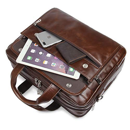 Leather Briefcase for Men, 15.6 Inch Laptop Business Travel Bag | 100% Full Grain Leather | YKK Zipper | Fits 15.6" Laptop | 8 Card Slots + 3 Pen Sleeves | Detachable Strap & Trolley Sleeve - color: Coffee-1