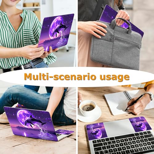 Universal Laptop Skin Sticker with 2 Wrist Pad Decals, 3-Piece Removable Vinyl Laptop Cover, Purple Dolphin Moon Waterproof Anti-Scratch, Easy-Trim Fit for 13.3" 14" 15.6" Laptops - color: Purple Dolphin Moon