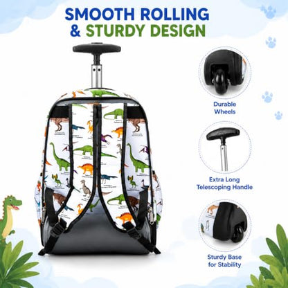 Heavy Duty Rolling Backpack School Bookbag with Wheels Deluxe Wheeled Daypack - color: Dino
