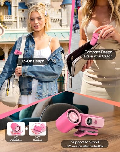 Clip-On Portable Mini Fan, Personal Turbo Travel Makeup Fan w/ LED Display | 360°Rotate Clip, Turbo 13500RPM, 4 Speeds, USB-C Rechargeable, for Travel Makeup Cruise Concert, Summer Gifts for Women Girl - color: Hot Pink