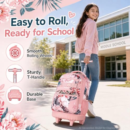 3Pcs Rolling Backpack for Girls Women, 19 Inche Adults Roller Bag with Wheels, Flower Wheeled Bookbag with Lunch Box(Pink) - color: Pink Flower