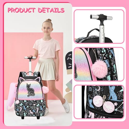 Rolling Backpack with Wheels for Girls Kids,Lightweight Wheeled School Backpack with Pencil Case,Cute Bookbag for Students - color: Black Star Cat