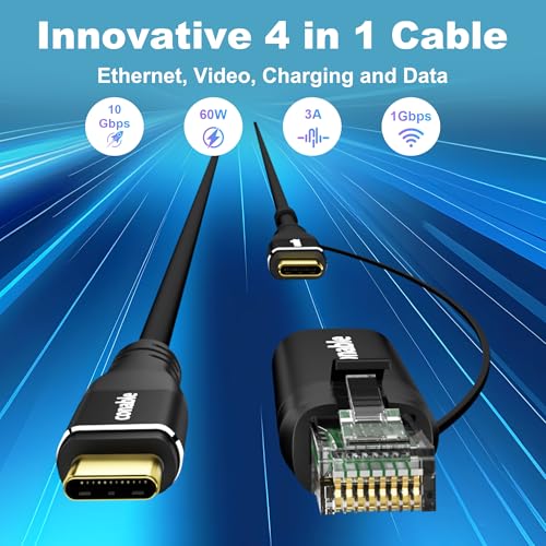 USB C to Ethernet Cable 6FT, 2-in-1 USB C to RJ45 Adapter (1Gbsp Ethernet) & USB C Cable (10G/4K/100W), Thunderbolt 4/5 Compatible, Ideal for MacBook, iPad Pro, XPS, Surface Pro, Essential for Travel - size: 6 FT
