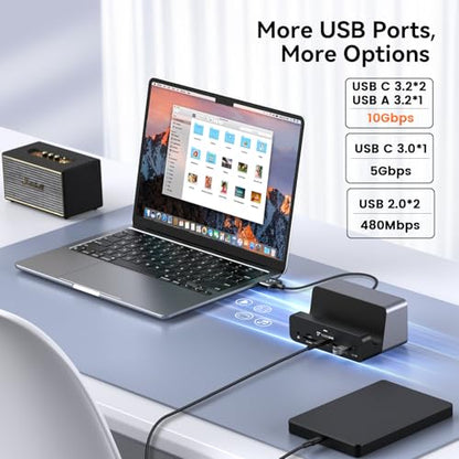 TobenONE 18-in-2 MacBook Docking Station Dual Monitor 4K@60Hz, 150W Adapter | Plug and Play, Vertical Dock Stand for MacBook Pro/Air, 2 HDMI and DP, 7 USB, 2.5GbE, 2 Audio, Space-Saving for Home Office