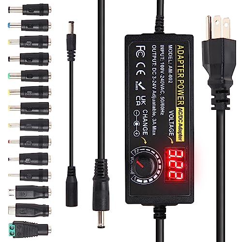 3V ~ 24V 3A 72W Power Supply Adjustable 3V 5V 6V 9V 12V 15V 16V 18V 19V 20V 24V Universal VariableAC/DC Adapter 100V-240V AC to DC Converter with 14 Tips for LED Strip Light Speaker Router - style: 3-24V 3A 72W
