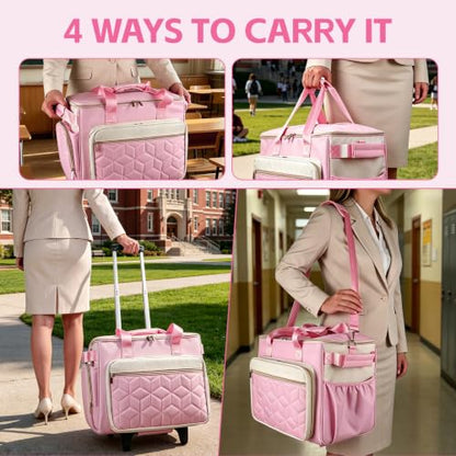 Rolling Teacher Bag, Fits 15.6" Laptop, With Cart,off-white pink | 4 Ways To Carry, 40L Large Cap, 1680 Oxford Puncture Resistant, Reinforced Design, Not Easy Collapse