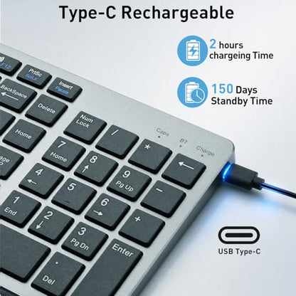 Wireless Keyboard,Bluetooth and 2.4G USB Wireless Keyboard,Rechargeable Slim Quiet Typing Keyboard for Mac/Windows -Space Grey