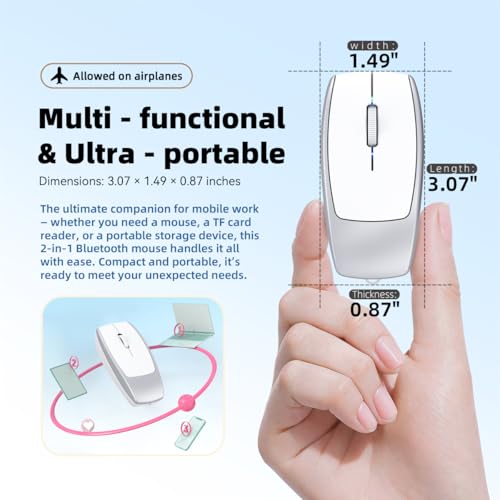 FMOUSE Portable 2-in-1 Wireless Bluetooth Mouse & Micro SD Card Reader | 8GB Card Included | USB-C Rechargeable | 3.07×1.49×0.87in | Compatible with Laptop Mac iPad Tablet | Remote Workers | Silver - color: Silver / With 8GB TF Card