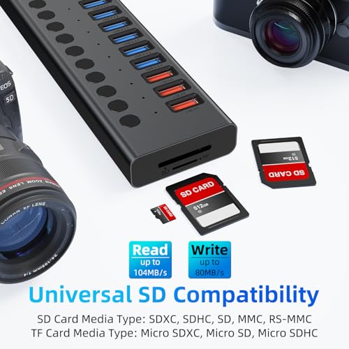 Powered USB Hub 10Gbps, 17 Ports USB 3.2 Hub, 96W Power Adapter | 10 USB-A 3.2, 3 QC 24W Fast Charging, 2 USB-C 3.2, SD/TF, 12V/8A Power Adapter for Laptop, PC, Computer, HDD, Flash Drive - color: Black