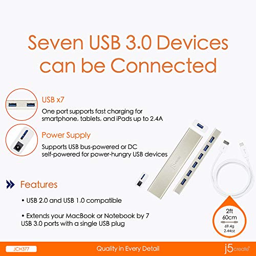 j5create USB Type-C to 7-Port USB 3.0 Data Hub with 3 ft Extended Cable | 20W Power Adapter Included] for Mac, MacBook, Windows, Laptop, Surface, XPS, Chromebook, PC (JCH377)