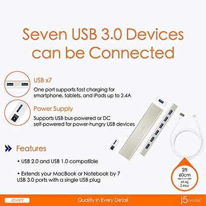 j5create USB Type-C to 7-Port USB 3.0 Data Hub with 3 ft Extended Cable | 20W Power Adapter Included] for Mac, MacBook, Windows, Laptop, Surface, XPS, Chromebook, PC (JCH377)