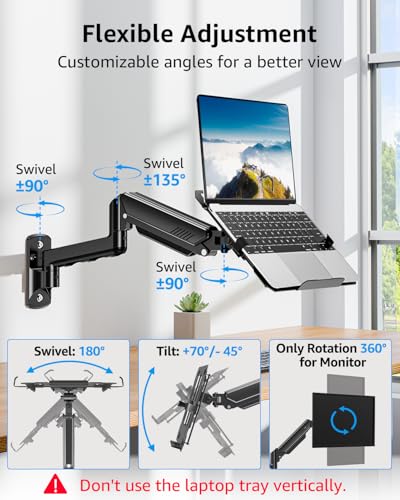 MOUNTUP Laptop Wall Mount, Adjustable Laptop Mount for Max 17" Notebook or Max 32" Monitor, Wall Mount Laptop Holder Holds 4.4-22lbs, 2-in-1 Laptop Arm with Ventilated Tray - size: Single, style: Wall mount