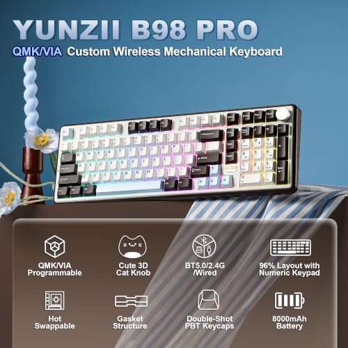 YUNZII B98 PRO QMK/VIA Wireless Mechanical Gaming Keyboard,96% Layout with Numpad and Cute Cat Knob, BT/2.4G/USB-C,Linear Switch Hot Swap Gasket,RGB for Win/Mac (Coffee Browm, Milk V2 Linear Switch) - color: Coffee Browm, size: Milk V2 Linear Switch