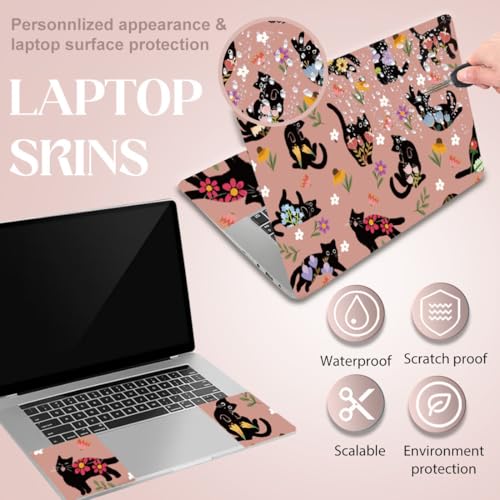 SUPERDANT Laptop Skin Sticker Black Cat Flowers Laptop Decals Personalized Universal Notebook Computer Wrap Vinyl Skin Stickers Cover Art Decal Removable 12-15.6 Inch Scratch-Resistant Gifts Pink