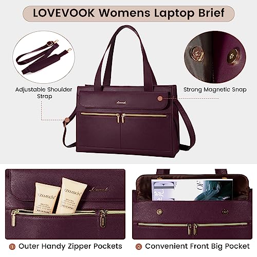 LOVEVOOK Laptop Tote for Women - 15.6 Inch Professional Leather Computer Briefcase, Waterproof Shoulder Bag, Large Capacity Business Teacher Office Bag, Crossbody Purse - Fuchsia - color: 135# Fuchsia, size: 15.6 Inch