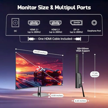 27 Inch 280Hz 240Hz Curved Gaming Monitor WQHD Curved Monitor | 2×HDMI 2.1, 1×DP1.4, Fast VA 1ms 134% sRGB 1500R AI Crosshair PIP/PBP (G27F1Q Pro, One HDMI 2.1 Cable Included) - size: 27 Inch
