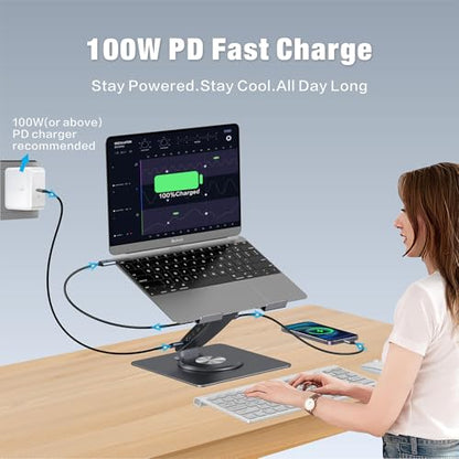 Adjustable Laptop Stand for Desk with Docking Station 9-in-1, Aluminum Laptop Riser with USB Hub, 360° Swivel, Dual Display 4K60Hz HDMI, 3 USB3.0, 100W PD Charging, for MacBook Pro Air/Dell/HP 7-15.6" - size: 9-in-1 Hub Laptop Stand