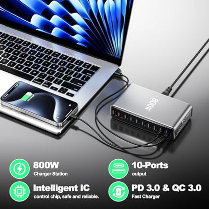 800W USB C Charger,GaN 10 Ports USB Charger,Multiple Plug Fast Charger Laptop Charger,PD Power Adapter Compatible with MacBook Pro/Air/Dell/iPhone/Galaxy/Laptop/Tablet/Mobile