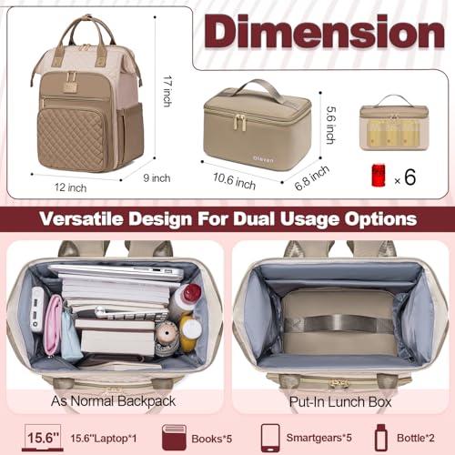 Otevan Lunch Backpack for Women, 15.6 inch Laptop Backpack, Work & Travel Backpack with Insulated Lunchbox Cooler - color: Beige/Kakhi