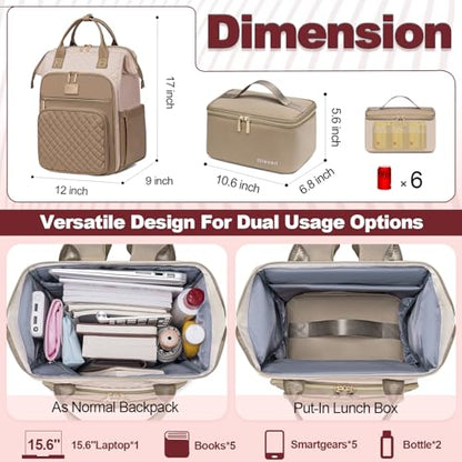 Otevan Lunch Backpack for Women, 15.6 inch Laptop Backpack, Work & Travel Backpack with Insulated Lunchbox Cooler - color: Beige/Kakhi