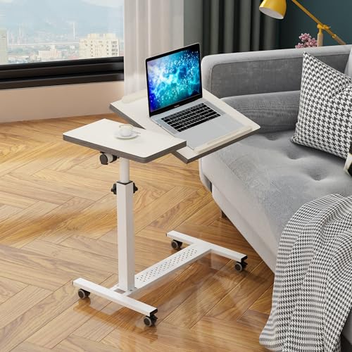 TigerDad Over Bed Table with Wheels, White | Adjustable, Rolling Laptop Table, Hospital Tray Table, Sofa Chair Side Table - color: White