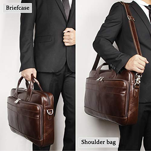 Augus Leather Briefcase for Men, 16 Inch, Full-Grain Leather, YKK Zipper - color: Brown Coffee