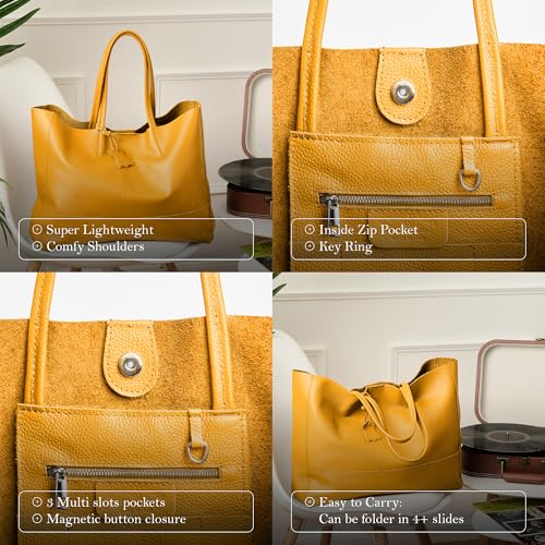 Italian Leather Tote Bag for Women - Large Shoulder Shopper, Fits 16” Laptop, Keychain Holder, Made in Italy - color: Yellow
