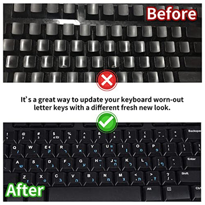 2PCS Hebrew Keyboard Stickers Black Background with Blue Letters Replacement Sticker for PC Computer Laptop Notebook Desktop Keyboards, Matte Vinyl Alphabet -Each Unit: 0.43" x 0.51" - color: Hebrew-Blue/White