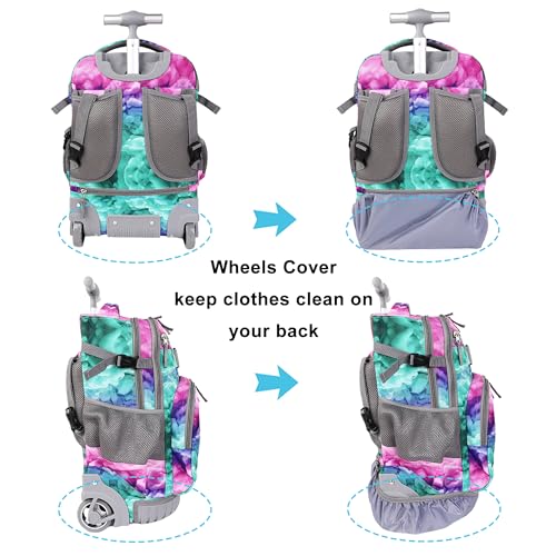 Tilami Rolling Backpack, 18 inch Shoulder Drop, Concealed Pockets and Wheel Cover, Laptop Backpack for Boys and Girls, Clouds Green - color: Clouds Green