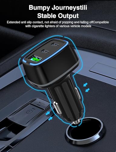 75W USB C Car Charger, 3-Port Super Fast Charging Cigarette Lighte | PD/QC 3.0 Car Cigarette Lighter Adapter for iPhone17/16/15 Pro Max & Samsung Galaxy S26/S25, with 4Pack 3/6.6FT Type-C Cables