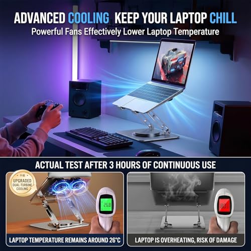 Laptop Stand for Desk with Dual Quiet Cooling Fans - 360° Rotating Base Ergonomic Computer Stand, Heavy-Duty Carbon Steel Laptop Riser Foldable Portable for Office Home (Black)