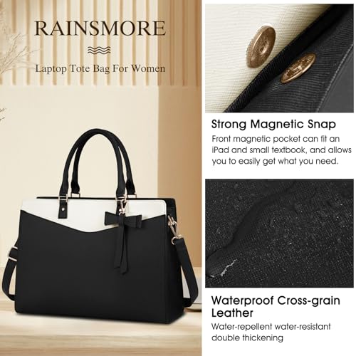 RAINSMORE Laptop Bag for Women 15.6 Inch PU Leather Laptop Tote Professional Business Office Work Bag Waterproof Briefcase Computer Tote Bag Large Lightweight Handbag Shoulder Bag - color: Black and Beige