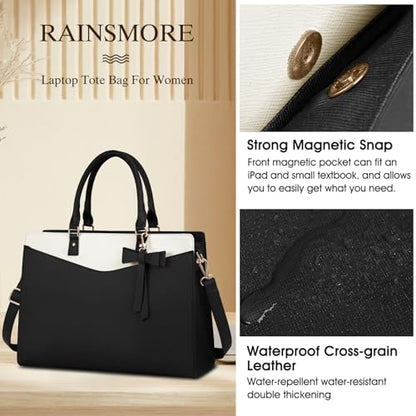 RAINSMORE Laptop Bag for Women 15.6 Inch PU Leather Laptop Tote Professional Business Office Work Bag Waterproof Briefcase Computer Tote Bag Large Lightweight Handbag Shoulder Bag - color: Black and Beige