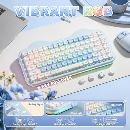 YUNZII C75 Cute 75% Wireless Mechanical Keyboard (Blue, Candy Switch) | Creamy Cake Keyboard, BT5.0/2.4G/USB-C, Hot-Swap, NKRO, PBT MOA Keycaps,5500mAh RGB Gasket Mount for Mac/Win/Gaming/Office - color: Blue, size: Candy Switch