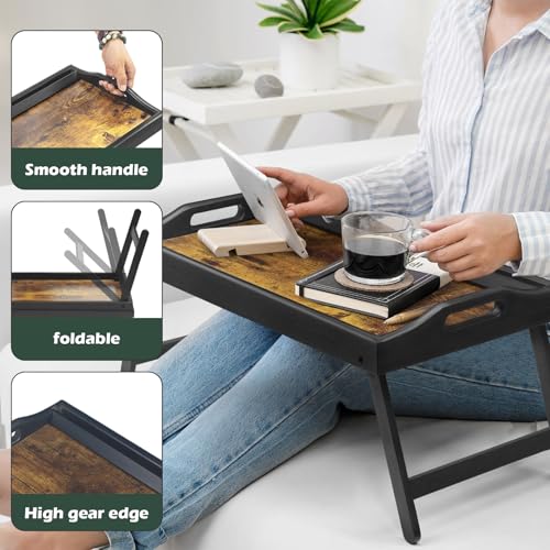 Tray Table for Bed, Bamboo Breakfast Serving Tray with Folding Legs and Handles, Laptop and Snack Bed Table with Cross Bar & Media Slot, Dark Brown with Black Legs, for Bedroom, Sofa, Kitchen - color: Brownish-black