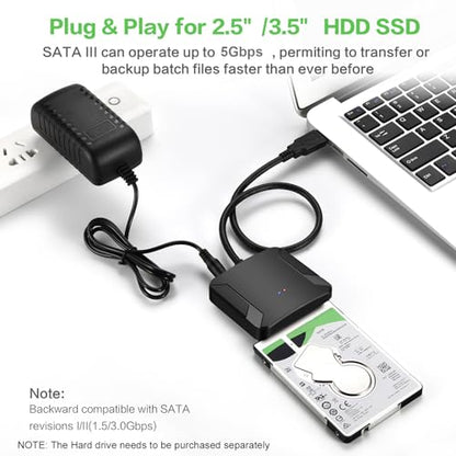 SATA to USB 3.0 Adapter for 3.5 2.5 SSD HDD Hard Drive Reader Data Transfer | External Hard Drive Converter for Data Transfer with 12V/2A Power Adapter Compatible with SATA I/II/III Drives
