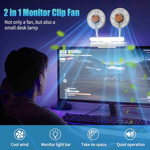 Monitor Fan with LED Lights, USB Desktop Fan with 2 Rotatable Heads, 3 Speeds Desk Fans Small Quiet with Sturdy Adjustable Clamp, Strong Wind Office Personal Cooling Fans for Laptop, Desktop. - color: Gray Fan with Lights