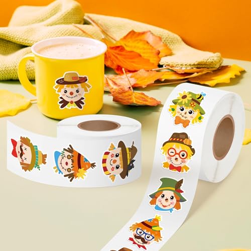 Haooryx Fall Scarecrow Sticker Rolls, 1000Pcs Autumn Scrapbook Stickers | waterproof vinyl self adhesive junk journal water bottle laptop scrapbooking supplies greeting card making party favor s - style: Fall-Theme Scarecrow Head 2Roll