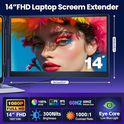 CIDETTY Laptop Screen Extender 0.27" Ultra-Thin, 14" Dual Portable Monitor FHD 1080P IPS, USB-C/HDMI Plug & Play Travel Screen for 13-17" Laptops, Compatible with Wins/Mac/Chrome/Switch/Android - color: Phantom Black