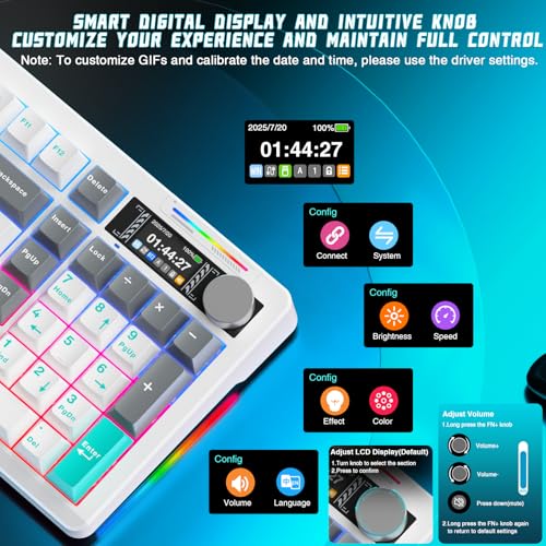 LINGBAO K98 PRO 96% Wireless Mechanical Gaming Keyboard with Screen & Knob | Tri-Mode BT5.0/2.4G/USB-C, Gasket Mount Hot Swappable Linear Switches, RGB Backlit Creamy Sounding for PC/Mac Office& Gaming - color: K98Pro | 10000mAh | White Blue Grey