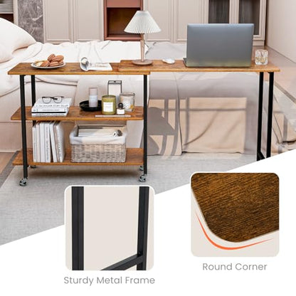 Giantex 360° Free Rotating Sofa Side Table, Mobile L-Shaped Laptop Desk with Sturdy Metal Frame, 6 Universal Casters, Movable Couch Snack Table with 2-Tier Storage Shelf for Home (Brown) - color: Brown