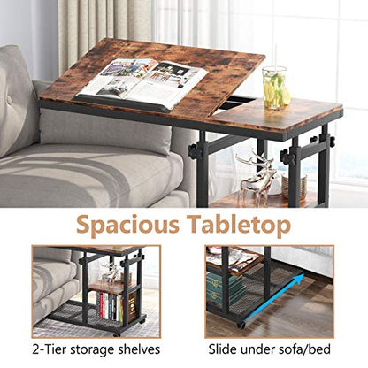 Tribesigns Height Adjustable C Table with Wheels, Mobile Couch Snack Side Table with Tiltable Drawing Board, Sofa Bedside Laptop Stand C Shaped TV Tray with Storage Shelves (Brown) - color: Rustic Brown