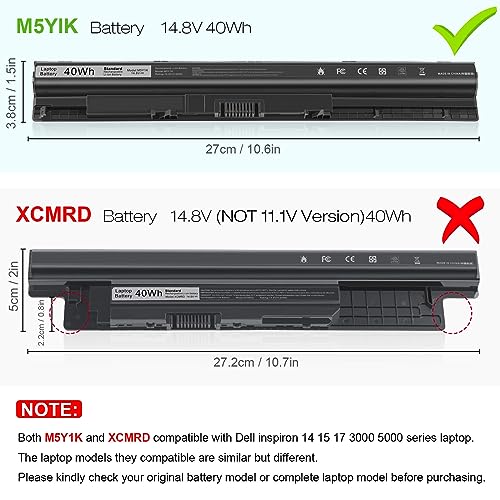 TREE.NB M5Y1K 14.8V 40WH Battery for Dell Inspiron 14 15 17 5000 3000 Series 5559 5558 3551 3451 3558 5755 5756 5458 5759 5758 5759 GXVJ3 451-BBMG 453-BBBQ WKRJ2 VN3N0 HD4J0 P47F P51F - size: 10.63x1.42x0.79inch M5Y1K