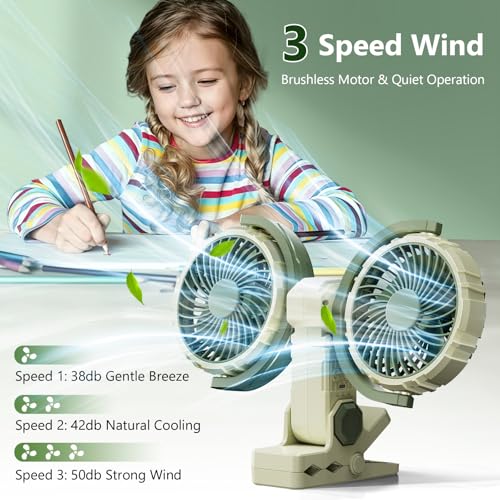 Dual Head Clip on Fan Battery Powered with Light,Portable USB Rechargeable Powerful Desk Table Fans,360°Rotatable Cooling Clamp Fans for Stroller,Car,Golf Cart,Treadmill,Outdoor Camping(Light Green) - color: Green