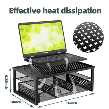 Simple Trending Metal Monitor Stand Riser and Computer Desk Organizer with Drawer for Laptop, Computer, iMac, Black | 16"W x 10"D x 6.25"H. Sturdy Metal Frame. 2-tier + drawer. Holds 66 lbs. Anti-slip. Fits laptop, monitor, iMac. Easy assembly
