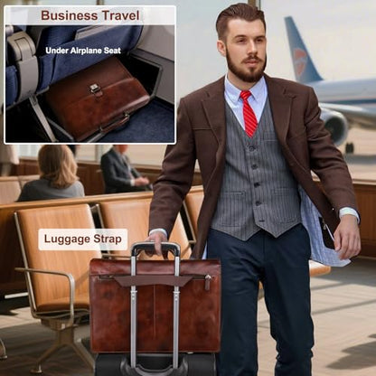 Banuce Italian Full Grain Leather Briefcase for Men Fits 15.6 inch Laptop | Travel-friendly Luggage Strap,15.6 inch Lawyer Briefcase,Anti-Theft Key Lock,Expandable,Detachable Strap,Work,Business Travel